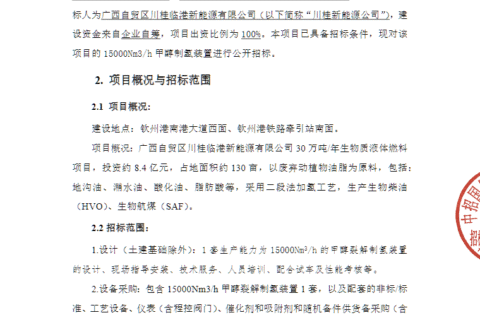 15000Nm³/h！广西30万吨/年生物质液体燃料项目甲醇制氢装置招标